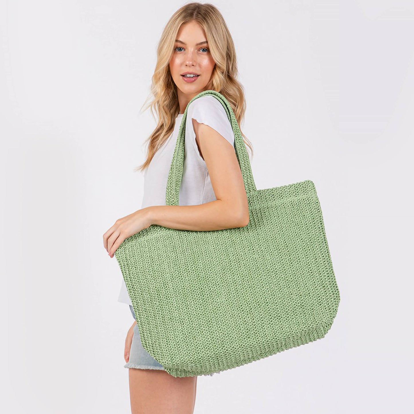 Solid Color Crochet Summer Straw Tote Bag