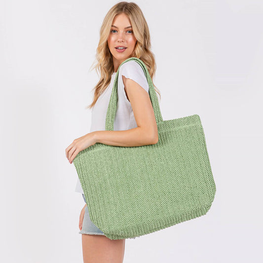 Solid Color Crochet Summer Straw Tote Bag