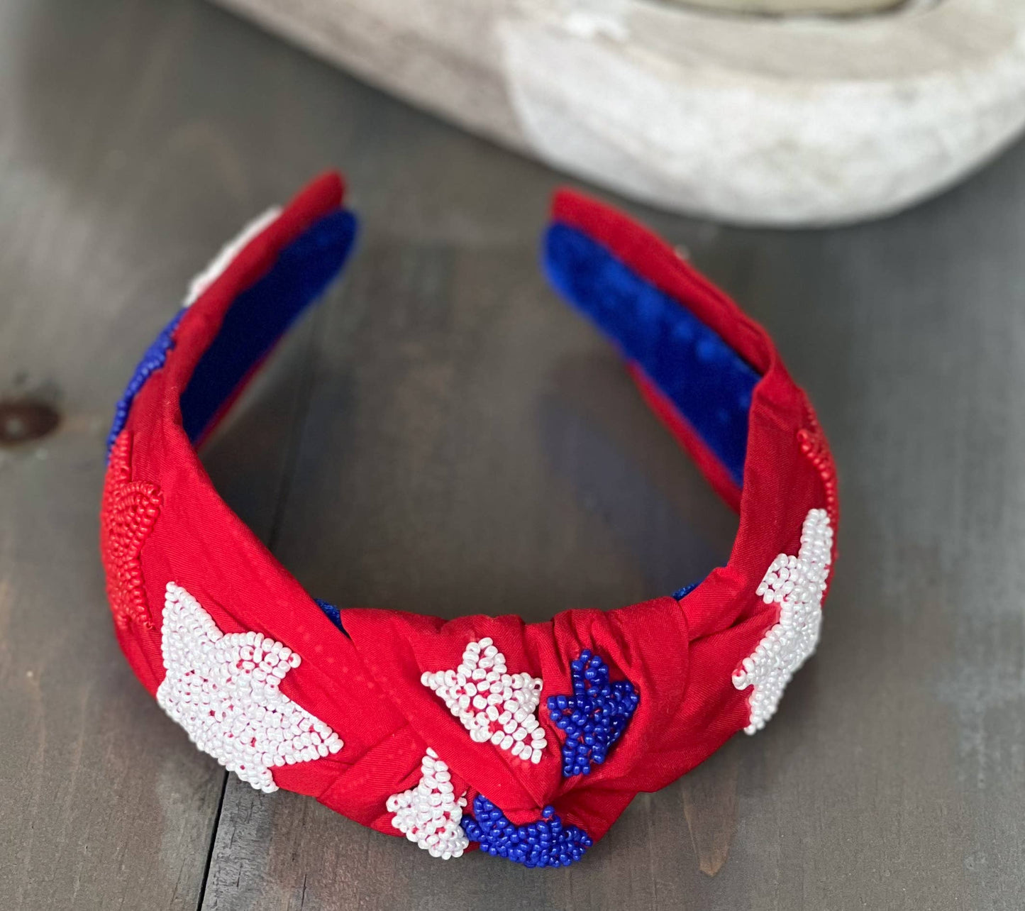 Patriotic Stars Red Seed Bead Front Knot Headband
