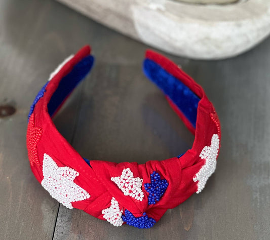 Patriotic Stars Red Seed Bead Front Knot Headband