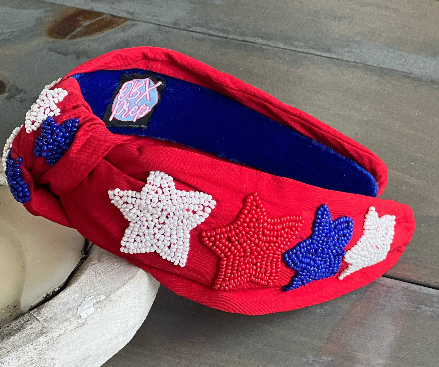 Patriotic Stars Red Seed Bead Front Knot Headband