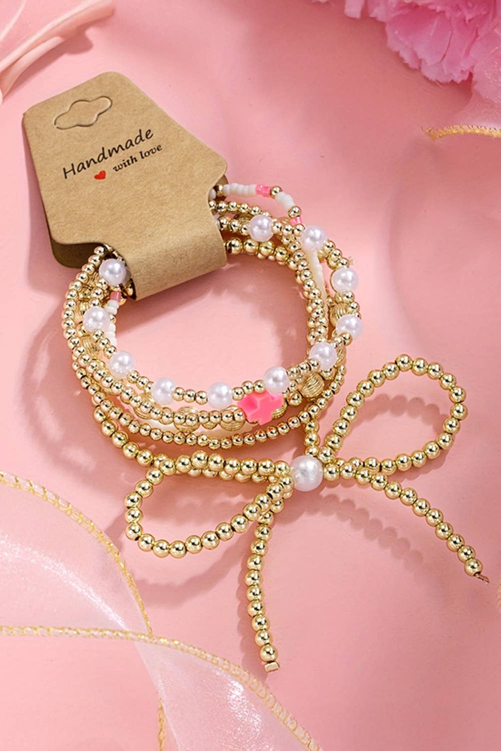 Bow Knot Pearl Decor Beaded Plated Layered Bracelet