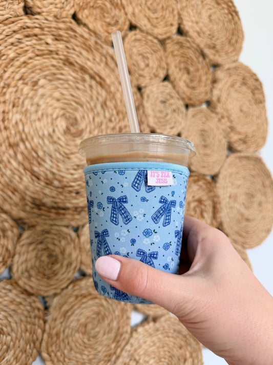 Iced Coffee Sleeve - Blue Gingham Bows