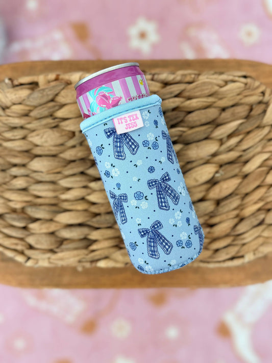 Slim Can Sleeve-Blue Gingham Bow