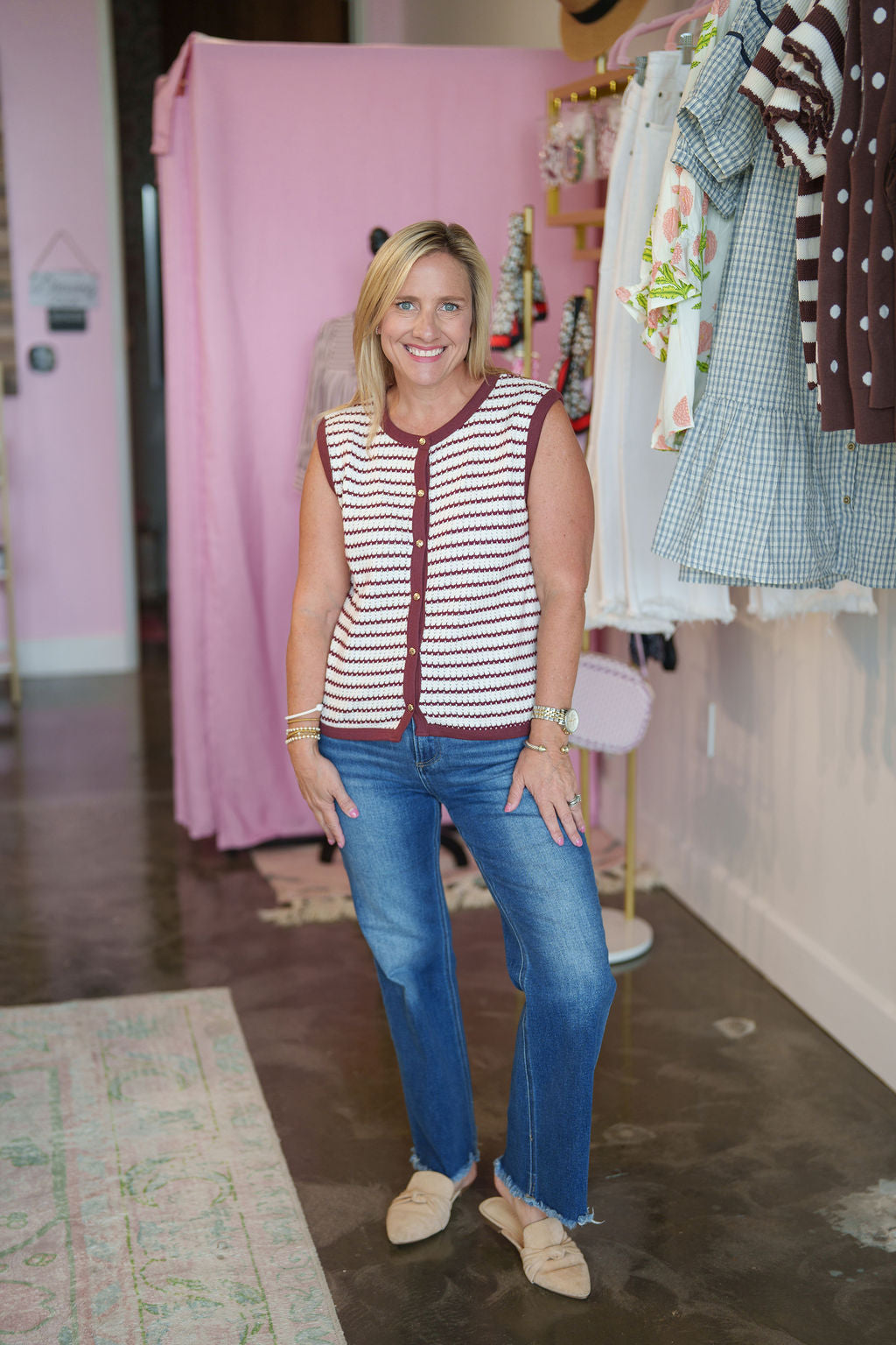 Maroon Stripe Knit Button Down Top