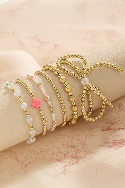 Bow Knot Pearl Decor Beaded Plated Layered Bracelet