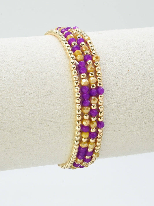 Set of 4 Yellow and Purple Glass Bead and Gold Stretch Bracelets