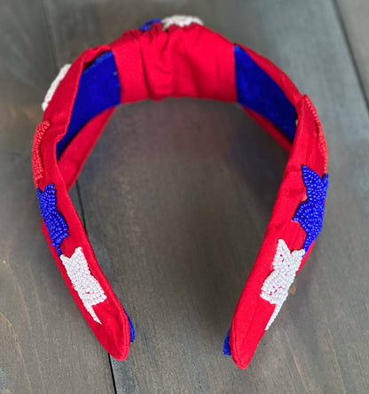 Patriotic Stars Red Seed Bead Front Knot Headband