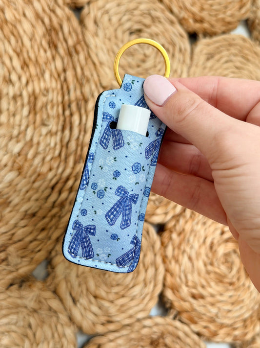 Lip Balm Keychain  - Blue Gingham Bow