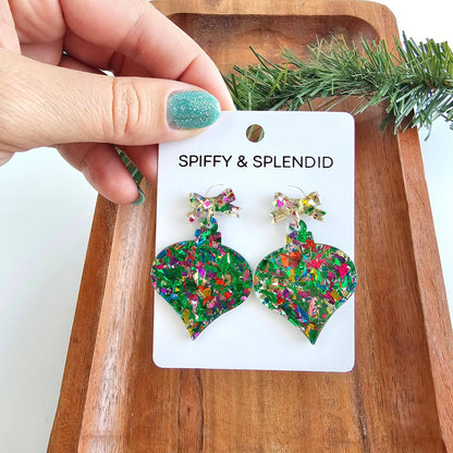 Christmas Ornament Earrings-green sparkle