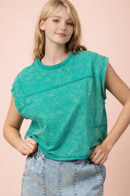 Mineral Washed Sleeveless Casual Knit Top - Seafoam