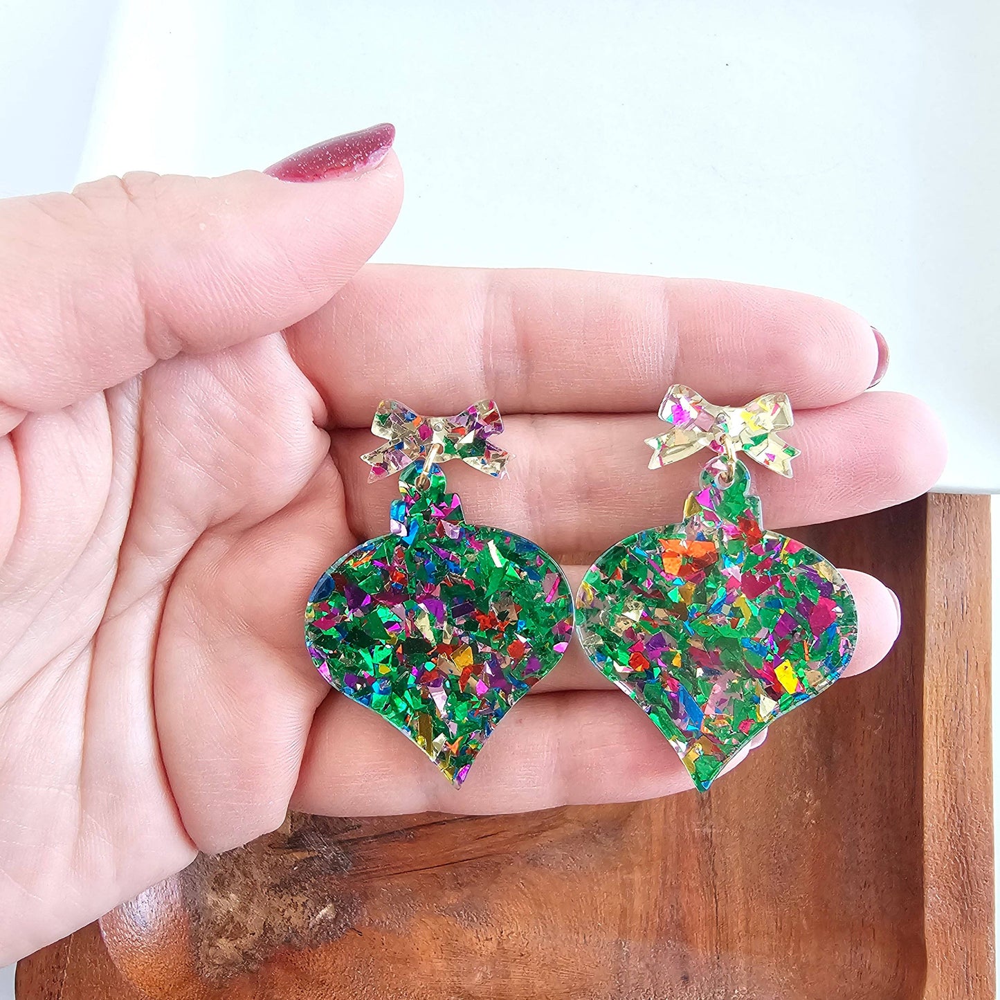 Christmas Ornament Earrings-green sparkle