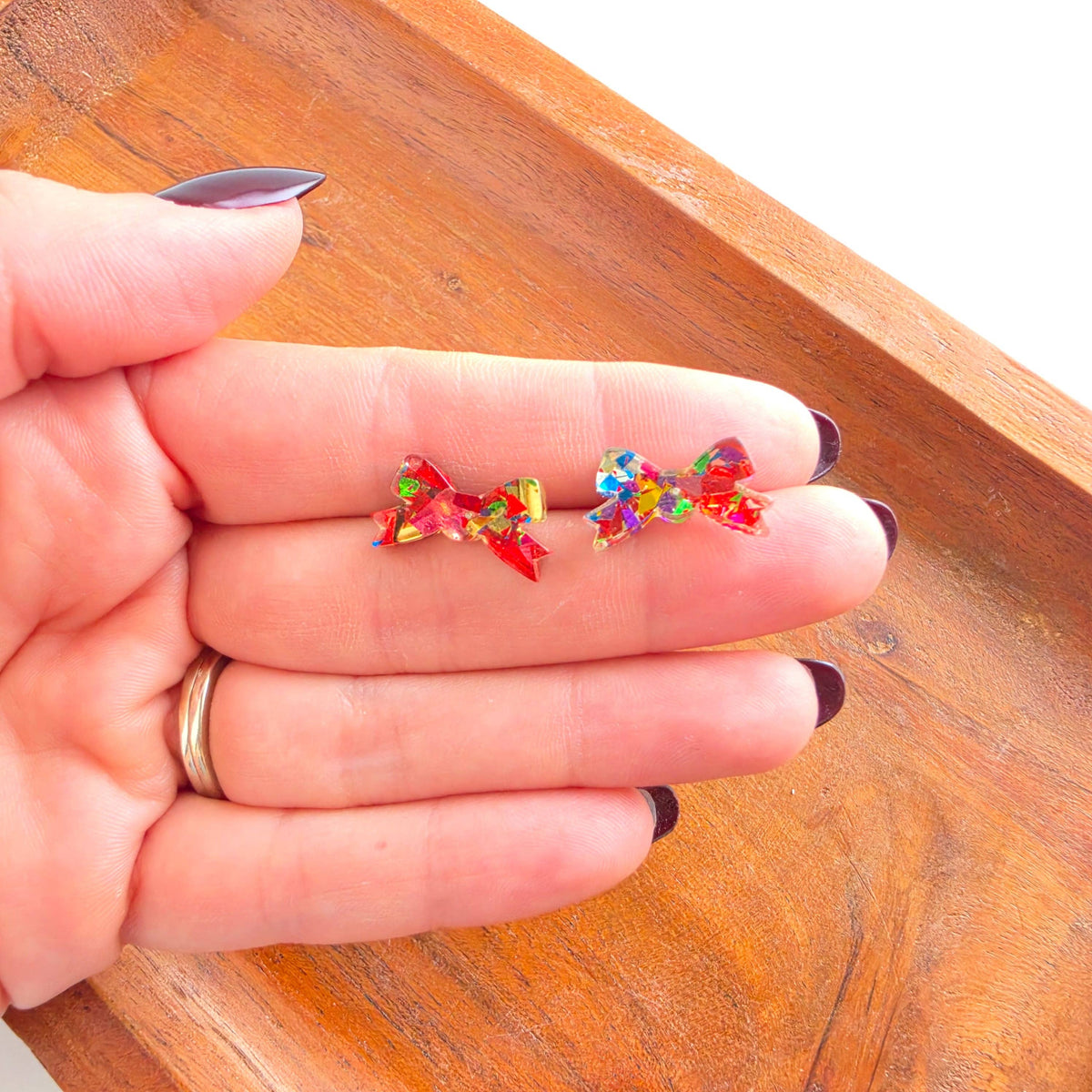Noelle Bow Studs - Red Tinsel