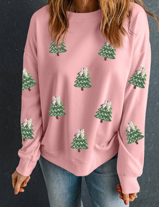 Sequined Christmas Tree Shirt-Pink