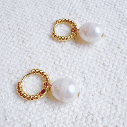 Cabled Huggie Natural Pearl Hoop Earrings