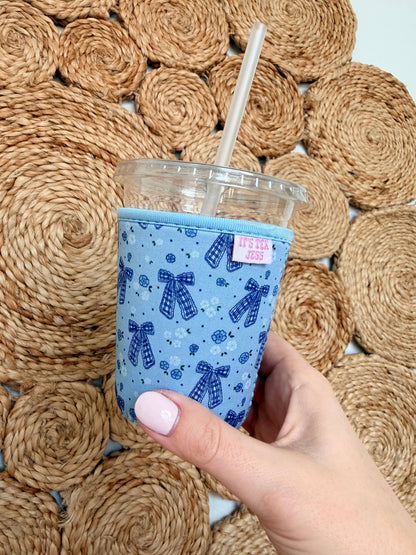 Iced Coffee Sleeve - Blue Gingham Bows