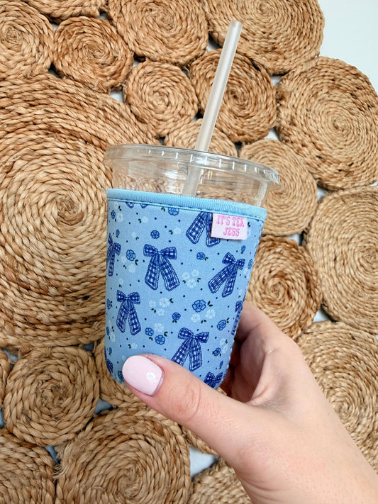 Iced Coffee Sleeve - Blue Gingham Bows