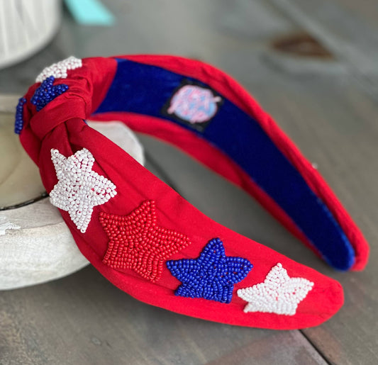 Patriotic Stars Red Seed Bead Front Knot Headband