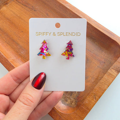 Christmas Tree Studs - Pink Tinsel