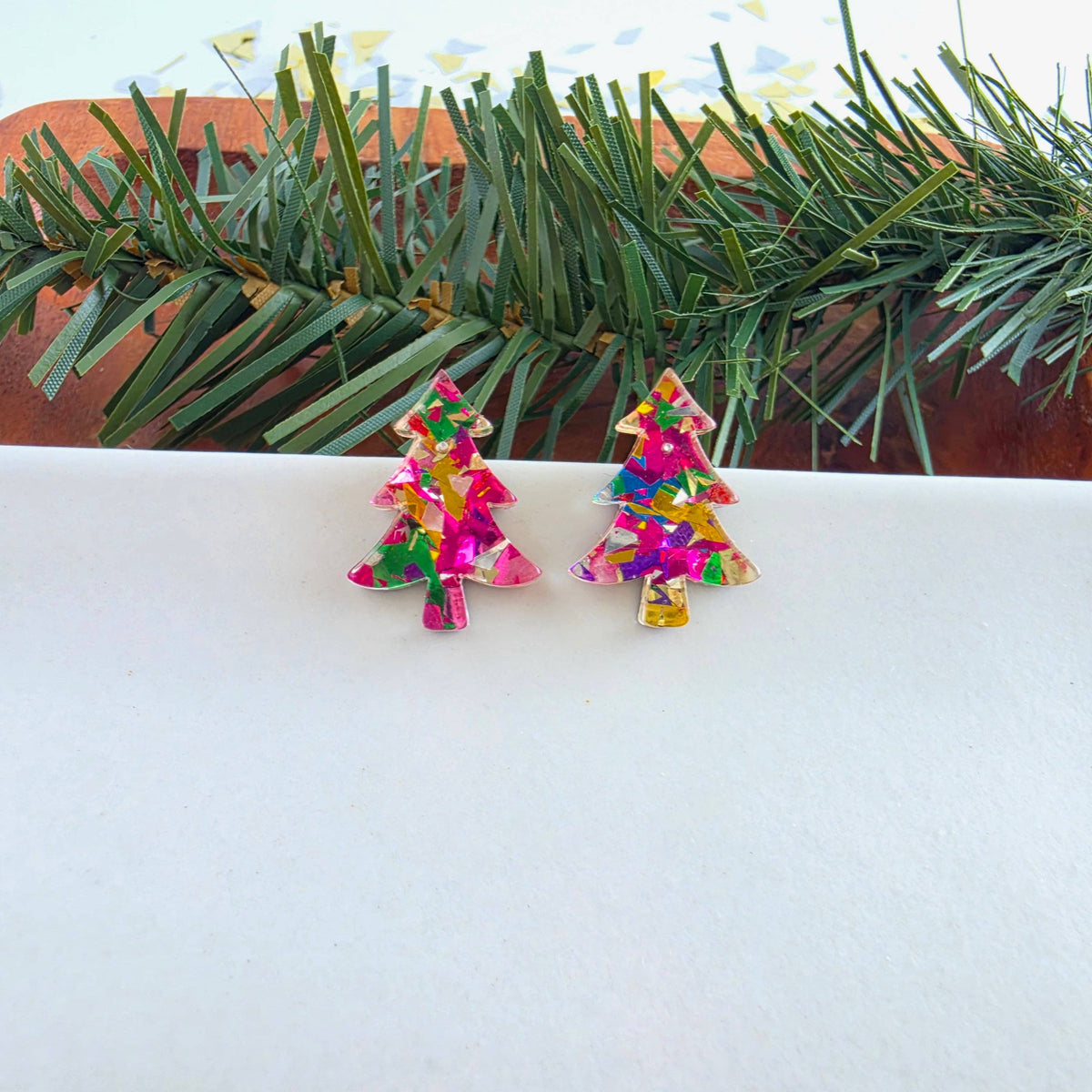 Christmas Tree Studs - Pink Tinsel