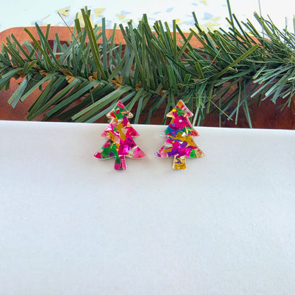 Christmas Tree Studs - Pink Tinsel