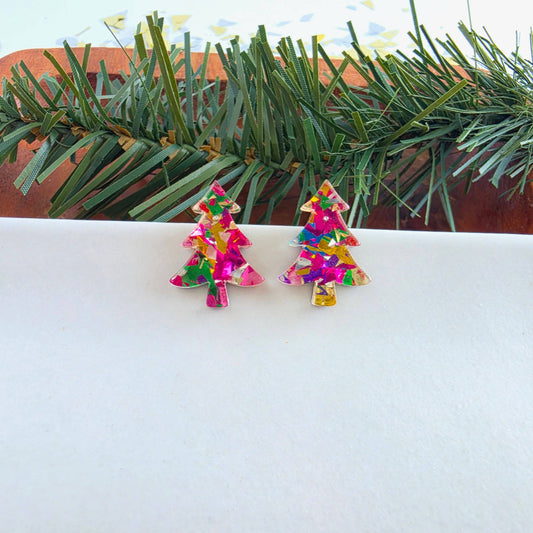 Christmas Tree Studs - Pink Tinsel