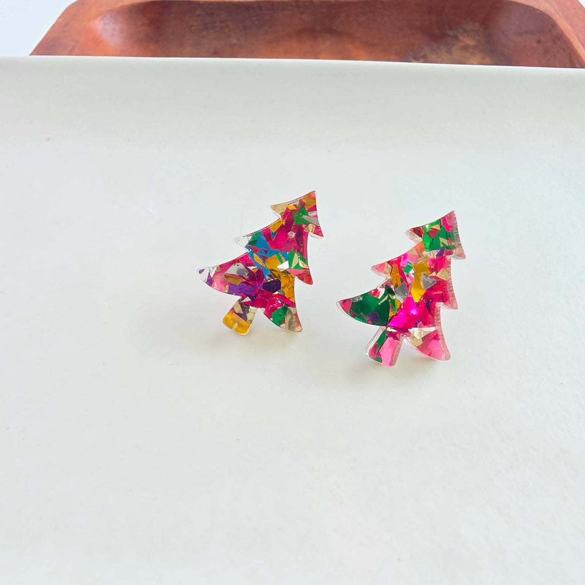 Christmas Tree Studs - Pink Tinsel