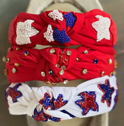 Patriotic Stars Red Seed Bead Front Knot Headband