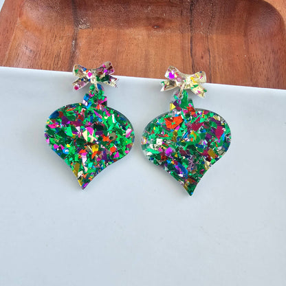 Christmas Ornament Earrings-green sparkle