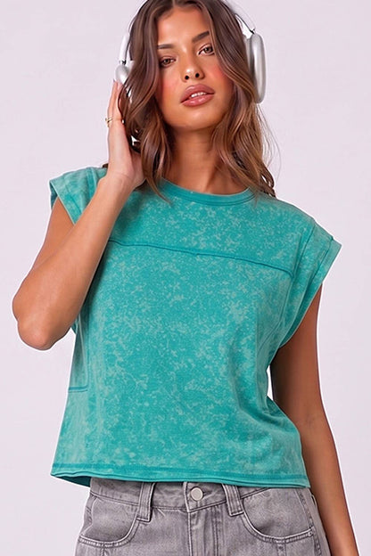 Mineral Washed Sleeveless Casual Knit Top - Seafoam