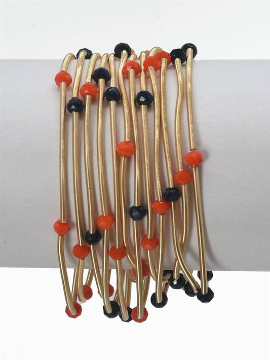 Set of 9 Gold Wired Stretch Bracelets with Navy and Orange 