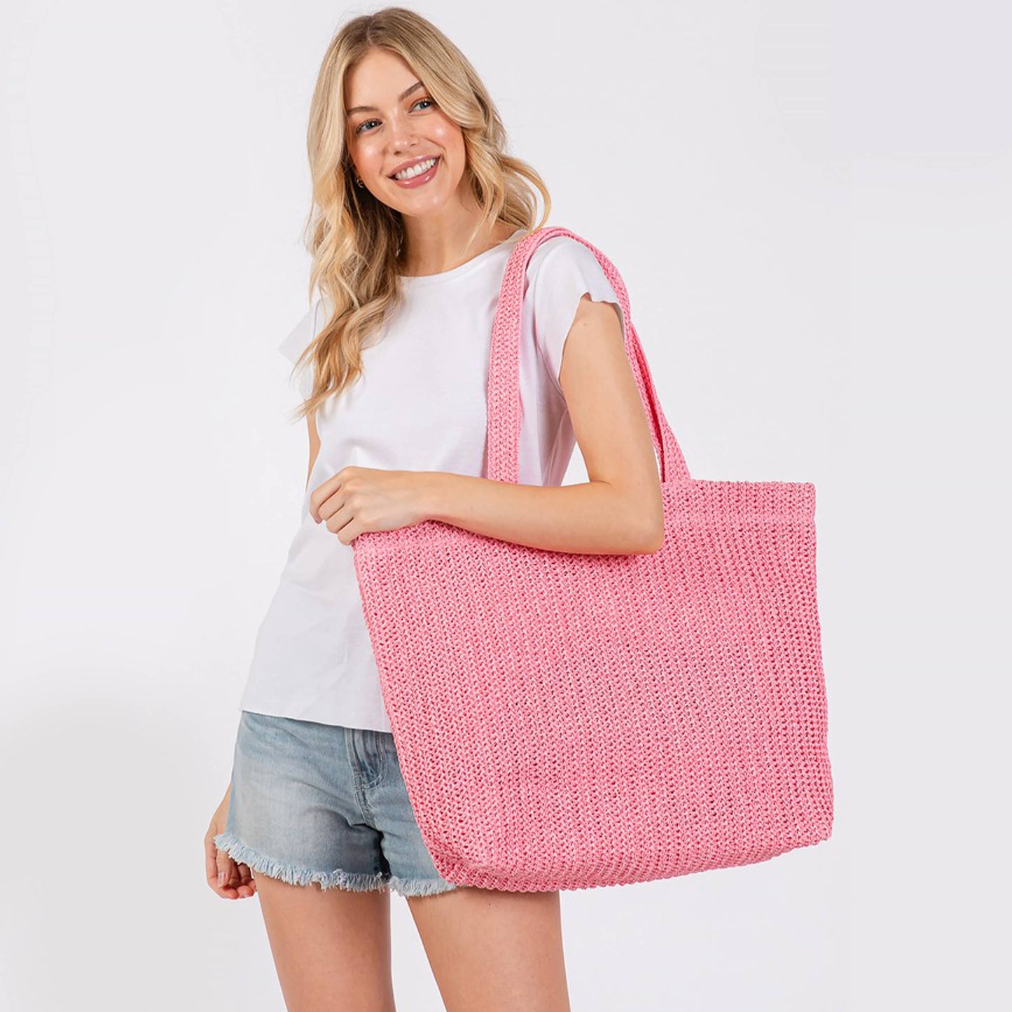 Solid Color Crochet Summer Straw Tote Bag
