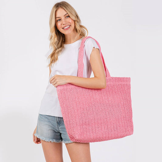 Solid Color Crochet Summer Straw Tote Bag