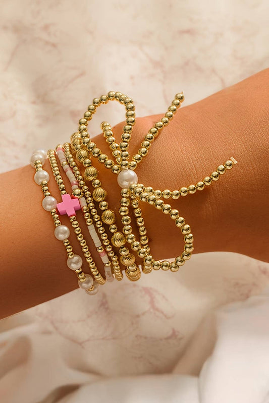 Bow Knot Pearl Decor Beaded Plated Layered Bracelet