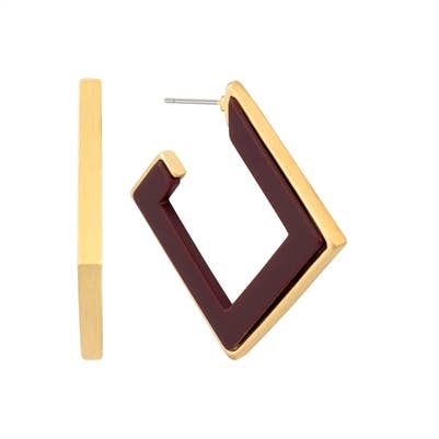 Maroon Wood and Gold Squared Hoop 2" Earring