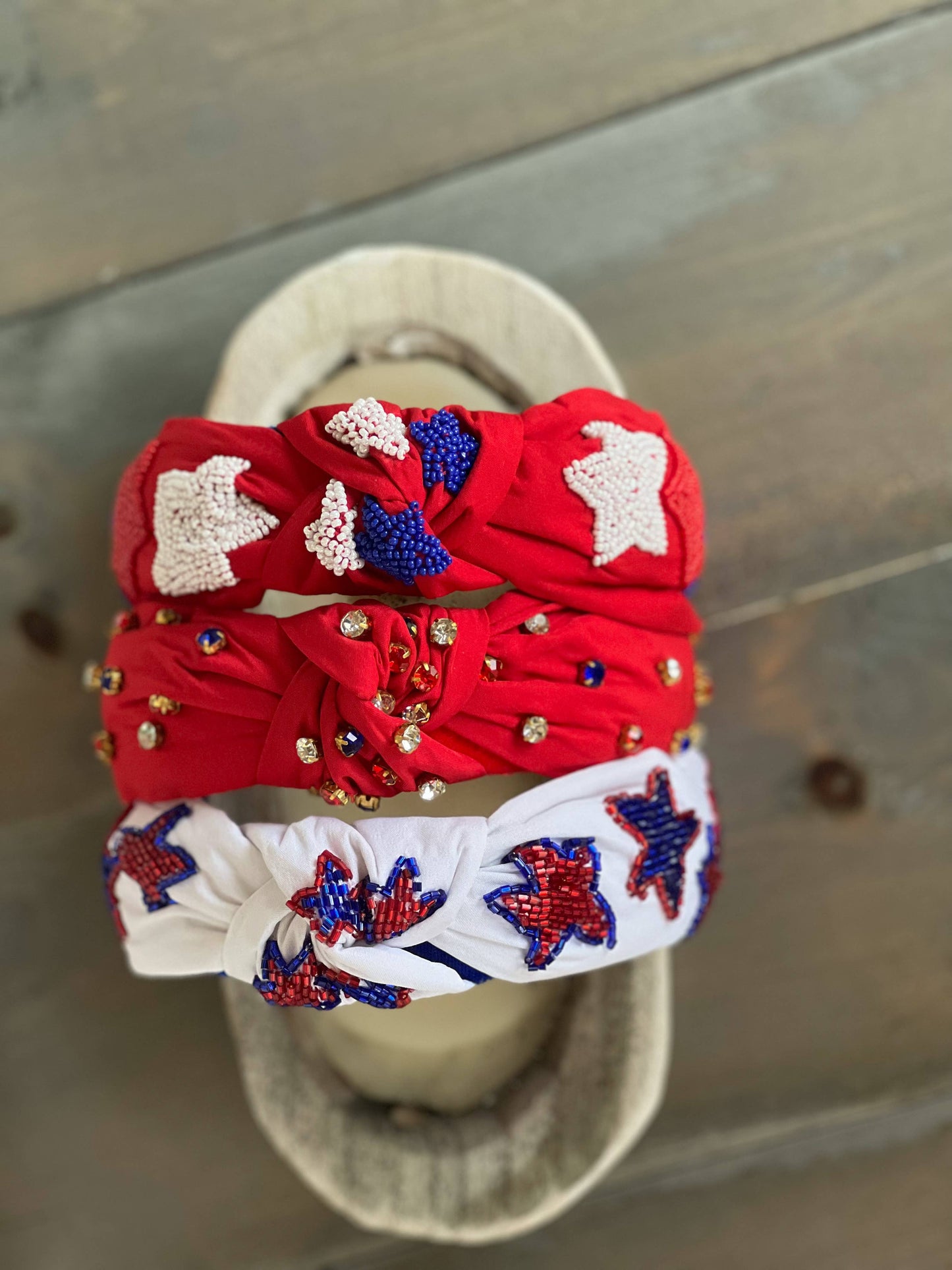 Patriotic Stars Red Seed Bead Front Knot Headband