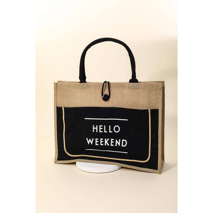 Hello Weekend Burlap Tote Bag