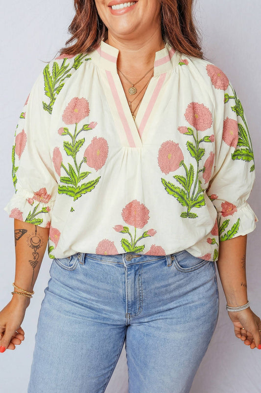 Wildflower Print V-Neck Blouse — Curvy
