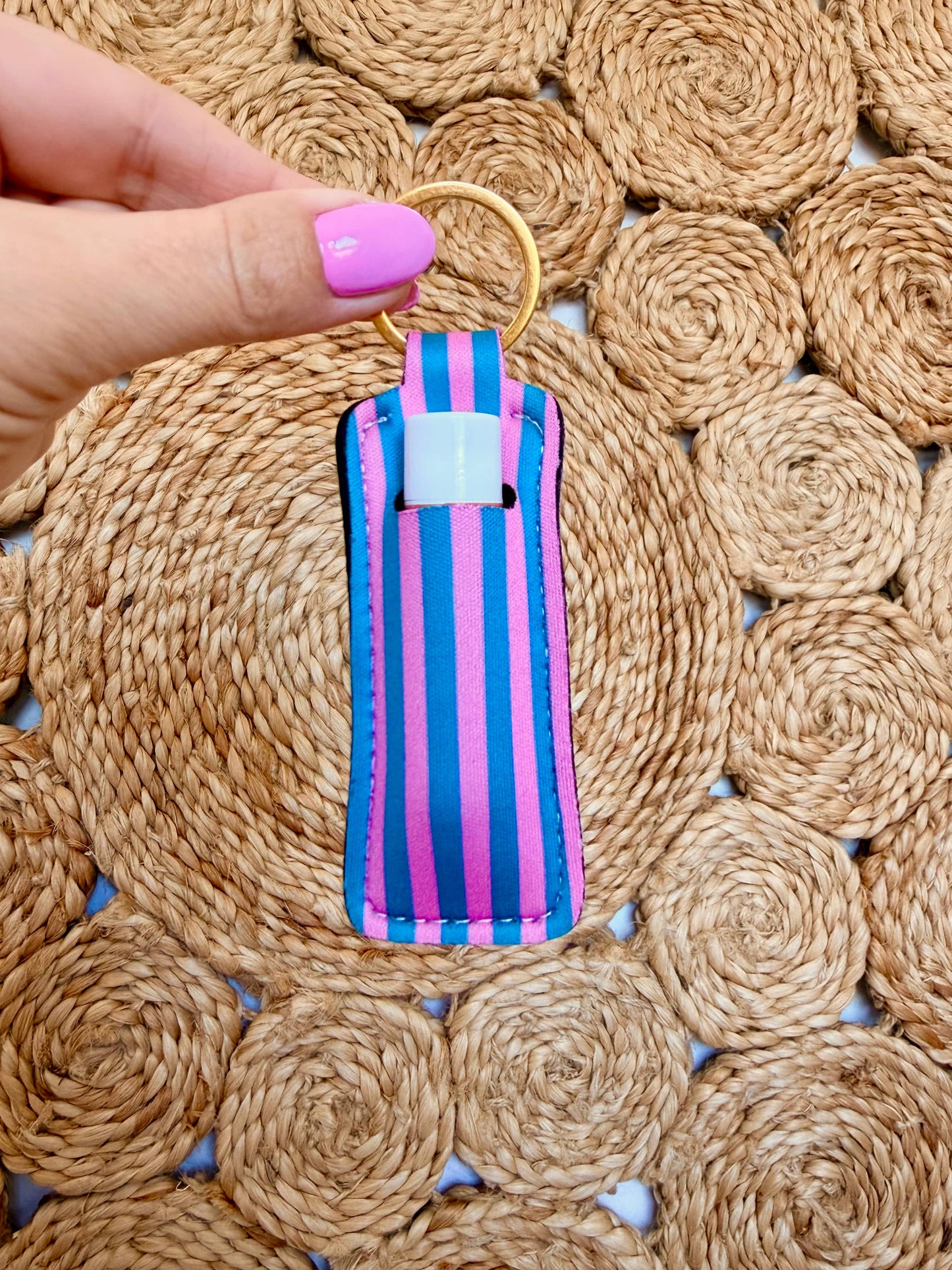 Lip Balm Keychain  - Pink and Turquoise Stripes