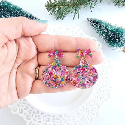 Christmas Ornament Earrings - Light Pink Sparkle