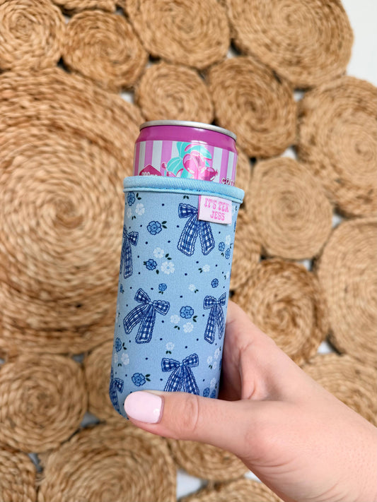 Slim Can Sleeve-Blue Gingham Bow