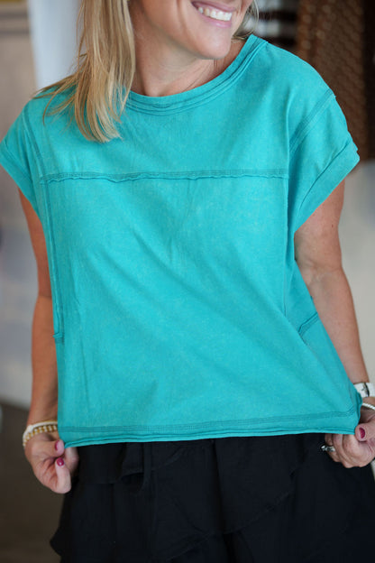 Mineral Washed Sleeveless Casual Knit Top - Seafoam