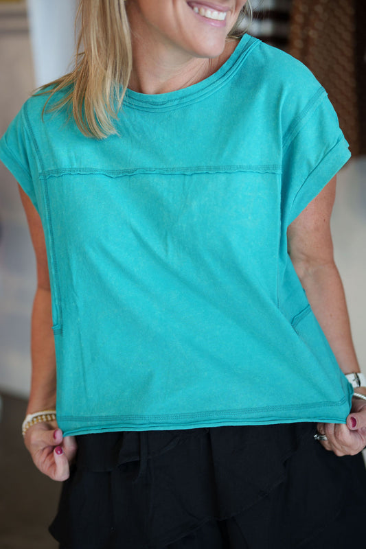 Mineral Washed Sleeveless Casual Knit Top - Seafoam
