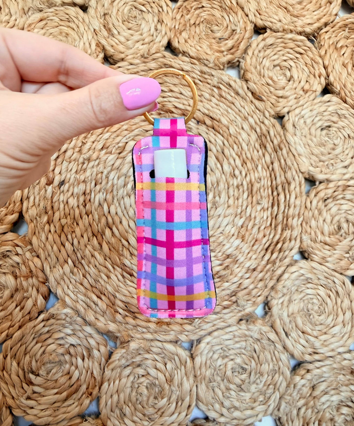 Lip Balm Keychain  -Rainbow Gingham