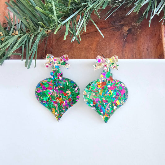 Christmas Ornament Earrings-green sparkle