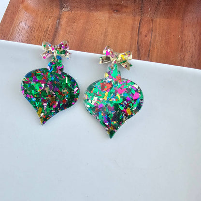 Christmas Ornament Earrings-green sparkle