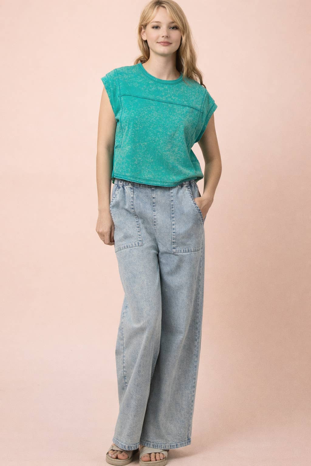 Mineral Washed Sleeveless Casual Knit Top - Seafoam