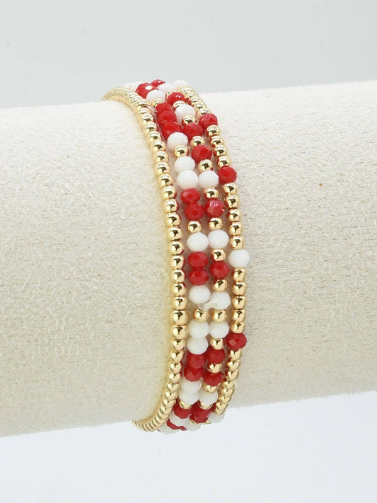 Set of 4 Red and White Glass Bead and Gold Stretch Bracelets