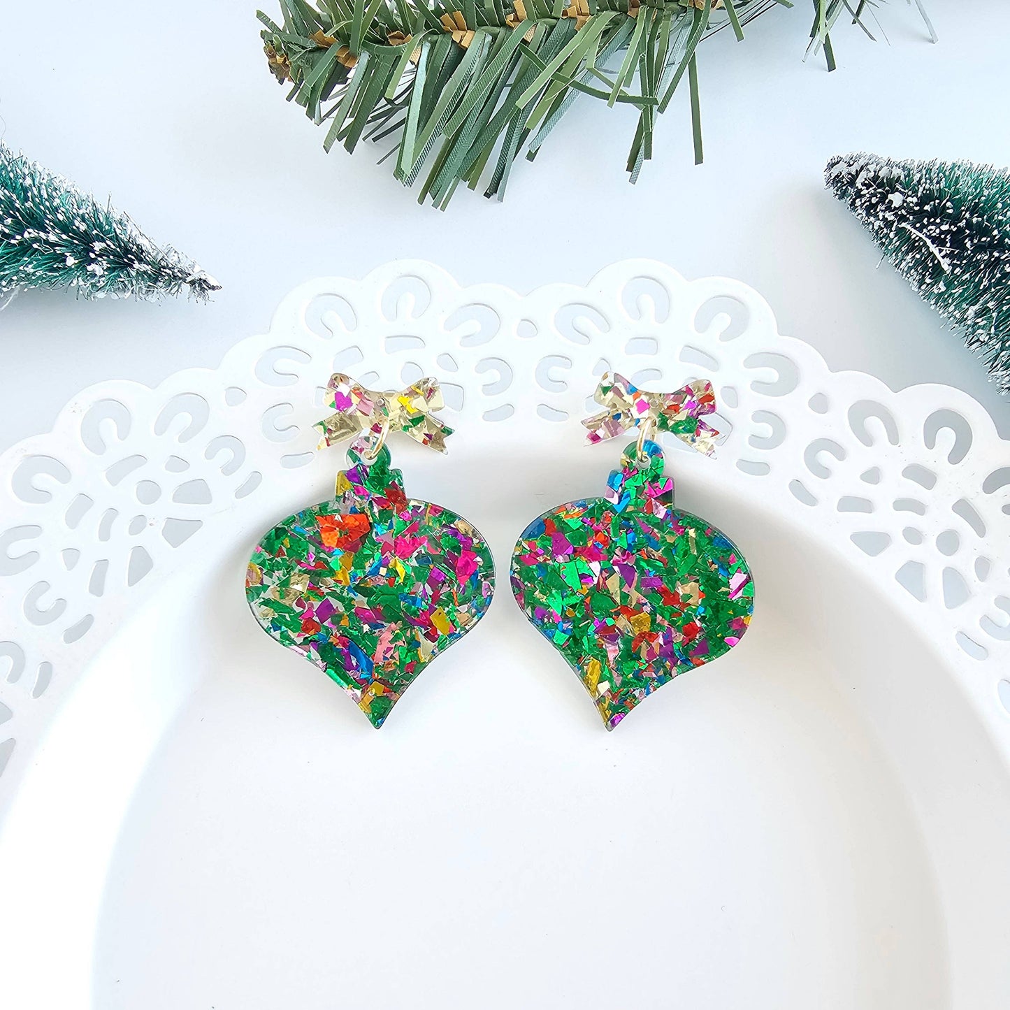 Christmas Ornament Earrings-green sparkle