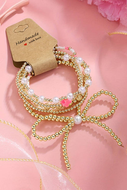 Bow Knot Pearl Decor Beaded Plated Layered Bracelet